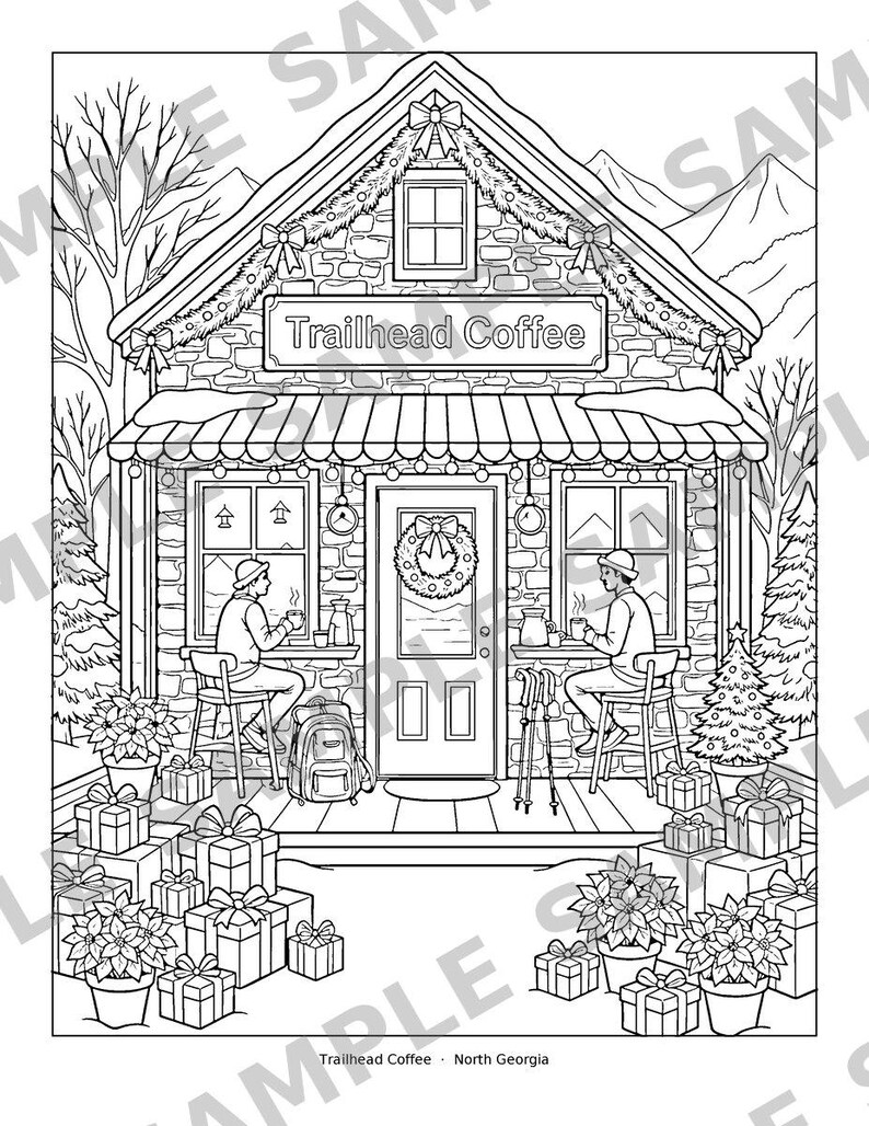 Puede incluir: Una ilustraci&oacute;n en blanco y negro para colorear de un edificio de piedra con el letrero Trailhead Coffee. La escena muestra un exterior nevado con dos personas en las ventanas, una puerta central con corona, regalos y flores de pascua.
