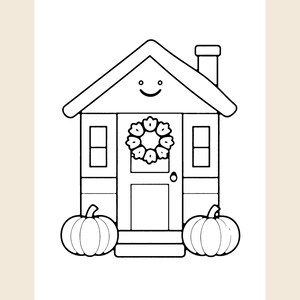 May include: A black and white line art drawing of a house with a smiling face on the gable. The house features a central door with a floral wreath, two windows, a chimney, and two large pumpkins sitting on the ground in front.