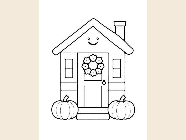May include: A black and white line art drawing of a house with a smiling face on the gable. The house features a central door with a floral wreath, two windows, a chimney, and two large pumpkins sitting on the ground in front.