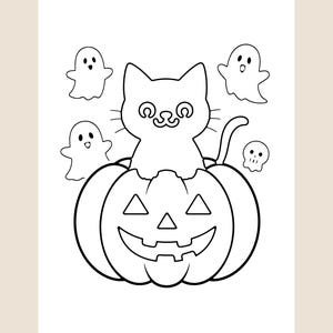 Peut inclure: Une illustration en noir et blanc au trait repr&eacute;sentant un chat assis &agrave; l'int&eacute;rieur d'une citrouille sculpt&eacute;e en lanterne. La sc&egrave;ne comprend trois petits fant&ocirc;mes et un minuscule cr&acirc;ne flottant autour du chat, le tout en contours simples.