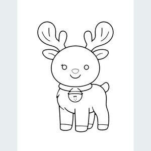 May include: A black and white line art drawing of a reindeer with large antlers, a small nose, and a round head. The reindeer is wearing a collar with a bell hanging from the center. The design features clean, bold outlines on a plain background.