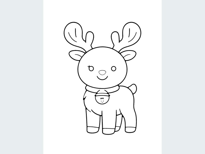 May include: A black and white line art drawing of a reindeer with large antlers, a small nose, and a round head. The reindeer is wearing a collar with a bell hanging from the center. The design features clean, bold outlines on a plain background.