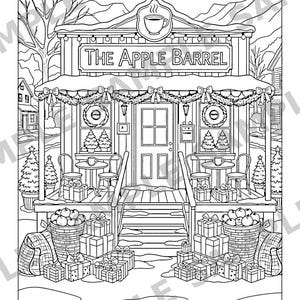 Puede incluir: Una p&aacute;gina para colorear en blanco y negro de un escaparate titulado The Apple Barrel. La escena muestra un porche con mesas, sillas, coronas, guirnaldas y numerosas cajas de regalo. Cestas de manzanas se encuentran sobre el suelo nevado.