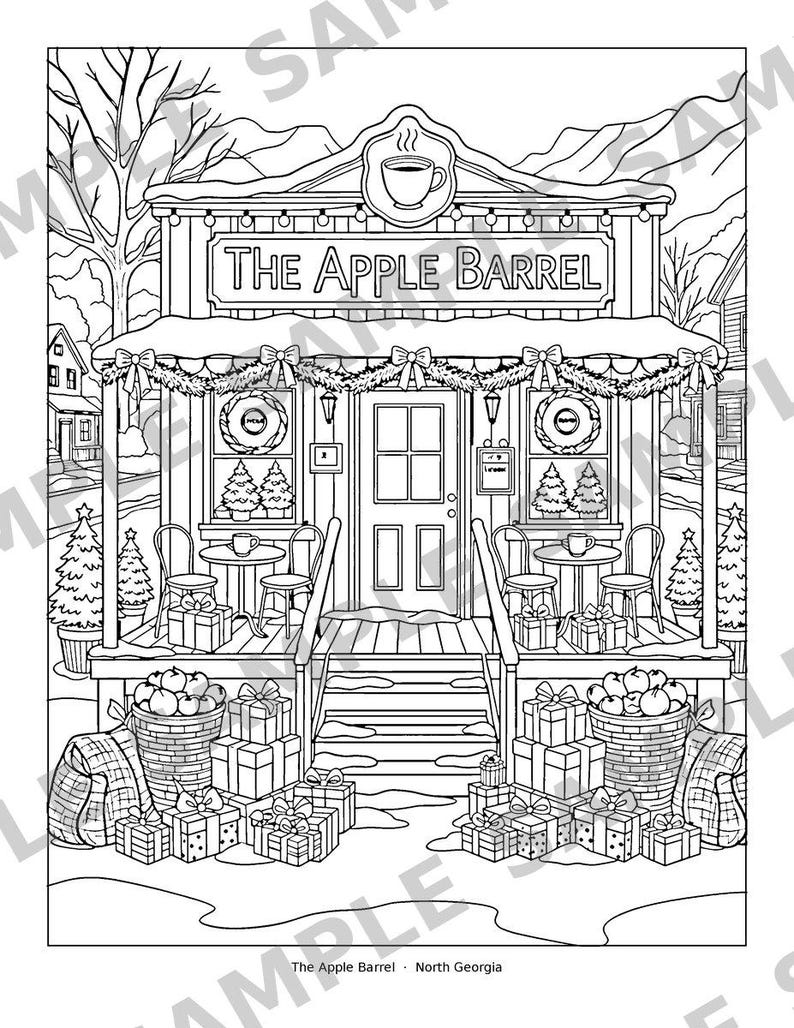 Puede incluir: Una p&aacute;gina para colorear en blanco y negro de un escaparate titulado The Apple Barrel. La escena muestra un porche con mesas, sillas, coronas, guirnaldas y numerosas cajas de regalo. Cestas de manzanas se encuentran sobre el suelo nevado.