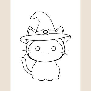 Peut inclure: Un dessin au trait noir et blanc repr&eacute;sentant un chat portant un chapeau pointu avec une boucle. Le chat a de grands yeux circulaires, des moustaches et une queue courb&eacute;e. L'illustration est pr&eacute;sent&eacute;e sur un fond blanc uni.