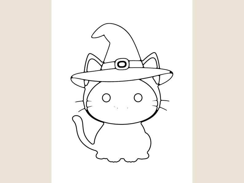 Peut inclure: Un dessin au trait noir et blanc repr&eacute;sentant un chat portant un chapeau pointu avec une boucle. Le chat a de grands yeux circulaires, des moustaches et une queue courb&eacute;e. L'illustration est pr&eacute;sent&eacute;e sur un fond blanc uni.