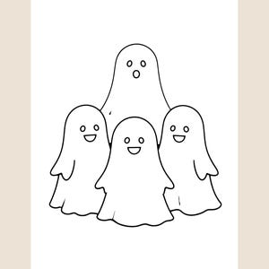 Peut inclure: Un dessin au trait noir et blanc repr&eacute;sentant quatre fant&ocirc;mes dispos&eacute;s en groupe. Les fant&ocirc;mes ont des formes arrondies simples, le fant&ocirc;me du haut a une bouche ovale et les trois fant&ocirc;mes du bas ont de larges sourires.