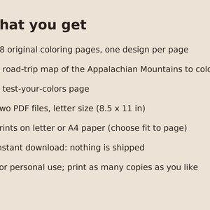 May include: A digital product listing with the heading What you get, featuring 48 original coloring pages, a road-trip map of the Appalachian Mountains, a test-your-colors page, and two PDF files in 8.5 x 11 inch letter size for printing.