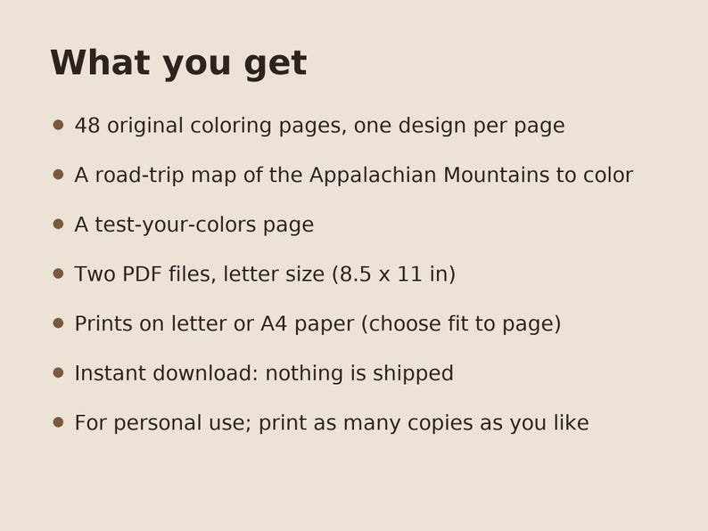 May include: A digital product listing with the heading What you get, featuring 48 original coloring pages, a road-trip map of the Appalachian Mountains, a test-your-colors page, and two PDF files in 8.5 x 11 inch letter size for printing.