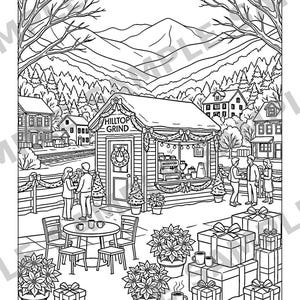 Puede incluir: Una p&aacute;gina para colorear en blanco y negro que muestra una cafeter&iacute;a llamada Hilltop Grind en un pueblo de monta&ntilde;a. La escena incluye personas, mesas, sillas, flores de pascua en macetas y cajas de regalo. El texto Hilltop Grind - Western North Carolina aparece en la parte inferior.