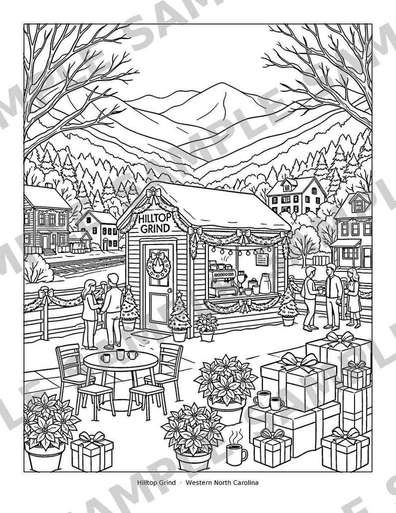 Puede incluir: Una p&aacute;gina para colorear en blanco y negro que muestra una cafeter&iacute;a llamada Hilltop Grind en un pueblo de monta&ntilde;a. La escena incluye personas, mesas, sillas, flores de pascua en macetas y cajas de regalo. El texto Hilltop Grind - Western North Carolina aparece en la parte inferior.