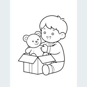 May include: A black and white line art illustration of a child with short hair sitting on the floor, smiling while holding a small teddy bear that is emerging from an open cardboard box with visible flaps and a ribbon detail.