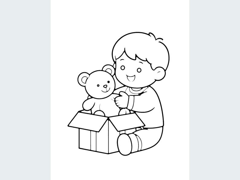 May include: A black and white line art illustration of a child with short hair sitting on the floor, smiling while holding a small teddy bear that is emerging from an open cardboard box with visible flaps and a ribbon detail.