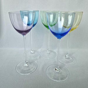 Set of 5 Vintage Hand-Blown Style Hock Wine Glasses, Rainbow Colored Bowls, Long Clear Stems, Vintage European Glass