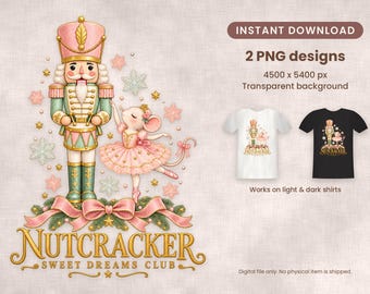 Könnte beinhalten: Eine digitale Illustration mit einem Nussknacker in einer rosa-grünen Uniform neben einer Maus-Ballerina in einem rosa Tutu, umgeben von Schneeflocken und Sternen, mit dem Text NUTCRACKER SWEET DREAMS CLUB unter den Figuren.