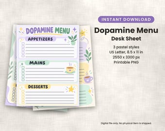 Könnte beinhalten: Ein Dopamine Menu Schreibtischblatt mit Abschnitten für Appetizers, Mains und Desserts. Die druckbare Seite zeigt Pastellfarben, linierte Felder mit Kästchen und Illustrationen von einer Pflanze, Kaffeetassen und Sternen. Größe 21,59 x 27,94 cm.