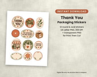Könnte beinhalten: Ein digitales Blatt mit 12 runden und ovalen Verpackungsaufklebern mit Illustrationen von Pflanzen, einem Laden, einem Geschenkpaket, einer Tragetasche und einer Blume. Der Text umfasst Thank You, For Supporting My Small Business und Handmade With Care.
