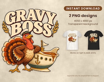 Könnte beinhalten: Ein digitales Grafikdesign mit einem Truthahn, der eine Kapitänsmütze trägt und sich an eine schiffsförmige Sauciere lehnt. Der Text GRAVY BOSS steht in großen Buchstaben darüber. Zwei T-Shirts mit diesem Motiv sind abgebildet.