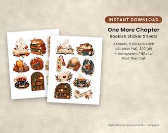 Könnte beinhalten: Zwei digitale Stickerbögen mit Illustrationen von Katzen auf Büchern, lesenden Drachen, dampfenden Tassen, Kerzen, Bücherregalen und Umschlägen. Text: Instant Download, One More Chapter Bookish Sticker Sheets, 2 sheets, 9 stickers each, US Letter PNG, 300 DPI + transparent PNGs for Print Then Cut.