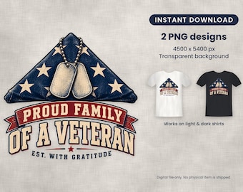 Könnte beinhalten: Ein digitales Grafikdesign mit einer gefalteten amerikanischen Flagge und zwei Erkennungsmarken. Der Text lautet PROUD FAMILY OF A VETERAN EST. WITH GRATITUDE. Das Bild zeigt zwei T-Shirt-Modelle, eines in Weiß und eines in Schwarz.