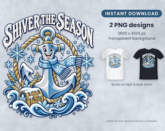 Könnte beinhalten: Ein digitales Grafikdesign mit einem lächelnden, anthropomorphen Anker, der einen blauen Schal mit Schneeflockenmuster trägt, umgeben von einem gelben Seil, Schneeflocken, einer Schatztruhe und blauen Wellen, mit dem Text SHIVER THE SEASON.