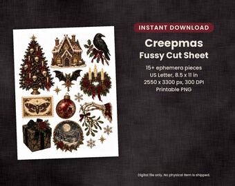 Könnte beinhalten: Ein digitales Ausschneideblatt mit Creepmas-Motiven, darunter ein mit Totenköpfen geschmückter Weihnachtsbaum, ein Lebkuchenhaus, ein Rabe, eine Fledermaus, ein Kranz, eine Motte, eine rote Weihnachtskugel, eine Skeletthand und ein Geschenk.