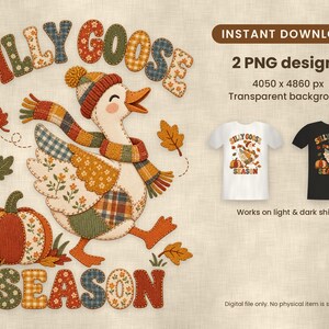 PNG "Temporada de Gansos Bobos", Design de Moletom Outono com Patchwork Falso, Sublimação de Ganso de Outono, Arquivo DTF de Aplique de Abóbora Falso