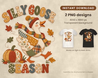 Könnte beinhalten: Ein digitales Design mit einer Gans, die eine Strickmütze und einen Schal trägt, umgeben von Herbstblättern und einem Kürbis. Der Text lautet SILLY GOOSE SEASON. Die Grafik enthält zwei PNG-Dateien auf T-Shirts, 4050 x 4860 px.
