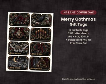Könnte beinhalten: Ein digitales Blatt mit acht rechteckigen Geschenkanhängern, die dunkle, festliche Illustrationen wie einen Raben, einen Kandelaber, einen Nachtfalter, einen Kranz und einen Weihnachtsbaum zeigen. Jeder Anhänger enthält den Text Merry Gothmas.