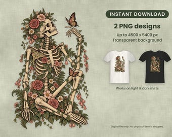 Könnte beinhalten: Eine digitale Illustration eines menschlichen Skeletts, geschmückt mit rosa und roten Rosen, Gänseblümchen und grünen Ranken, inklusive Schmetterlingen. Der Text umfasst INSTANT DOWNLOAD, 2 PNG designs, Up to 4500 x 5400 px, Transparent background und Works on light & dark shirts.