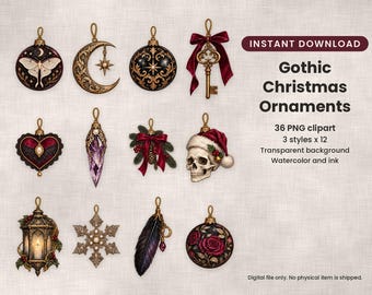 Könnte beinhalten: Eine Sammlung von zwölf digitalen gotischen Weihnachtsschmuckstücken, darunter eine Mottenkugel, eine Mondsichel, ein verzierter Schlüssel mit roter Schleife, ein Herz, ein violetter Kristall, ein Tannenzweig, ein Totenkopf, eine Laterne, eine Schneeflocke, eine Feder und eine Rosenkugel.