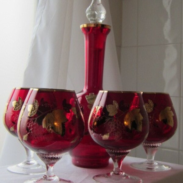 Reserved for Michele Retro Art Glass Czech Ruby Red Bar Ware Decanter Set with Gold Leaf design