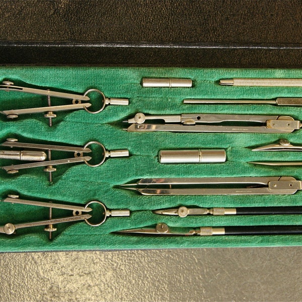 Vintage Architectural Drafting Tool Set:  Made in Germany - Complete Set of Industrial Tools in Original Black Case