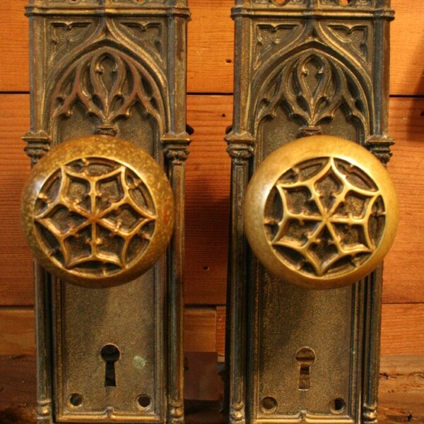 Reserved For Deana 1890s Antique Brass Gothic Doorknob Set