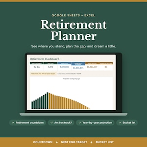 May include: A digital retirement planner for Google Sheets and Excel displayed on a laptop screen. The dashboard features a retirement countdown, financial data including a $409,000 savings total, a projected savings bar chart, and a bucket list.
