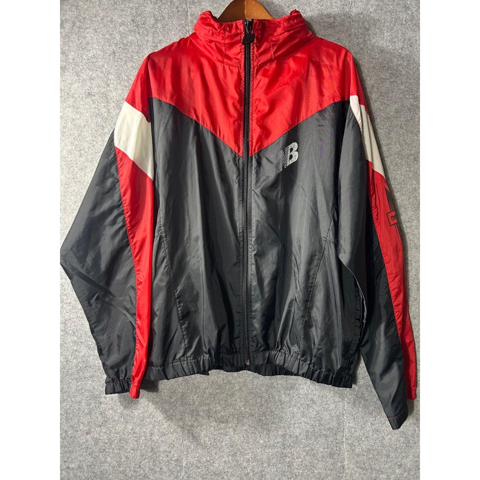 New Balance, Vintage 90s New Balance Windbreaker Jacket Red Black Packaway Hood Mens Large
