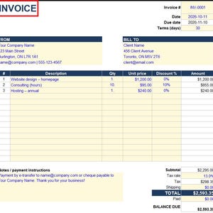 Puede incluir: Una plantilla de factura comercial con un esquema de colores azul y crema. Incluye campos para el número de factura INV-0001, fechas, información de contacto, una tabla con servicios como diseño web y consultoría, y un saldo total de $2,593.35.