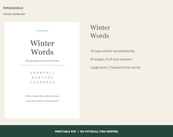 Winter Word Search Printable, 20 Large-Print Puzzles with Answers, PDF