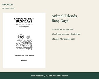 Animal Coloring and Activity Pages, Ages 4-6, 50 Activities, Printable PDF
