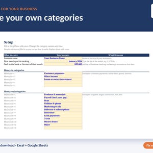 Puede incluir: Una plantilla de hoja de c&aacute;lculo digital titulada Made for your business, Use your own categories. La p&aacute;gina de configuraci&oacute;n presenta una tabla con columnas para What to enter, Your answer y What it means, incluyendo campos para nombre, fecha y efectivo.