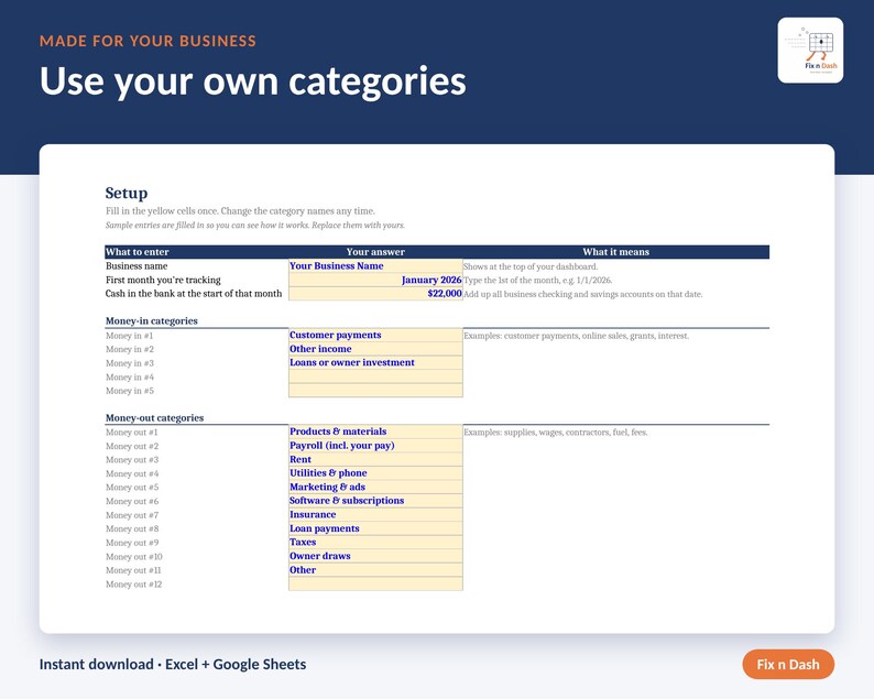 Puede incluir: Una plantilla de hoja de c&aacute;lculo digital titulada Made for your business, Use your own categories. La p&aacute;gina de configuraci&oacute;n presenta una tabla con columnas para What to enter, Your answer y What it means, incluyendo campos para nombre, fecha y efectivo.