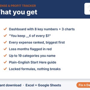 Puede incluir: Una plantilla digital Expense & Profit Tracker que incluye un panel con 8 n&uacute;meros clave y 3 gr&aacute;ficos, c&aacute;lculo de beneficios, clasificaci&oacute;n de gastos, indicadores de p&eacute;rdidas en rojo, 19 categor&iacute;as personalizables y f&oacute;rmulas bloqueadas para Excel.