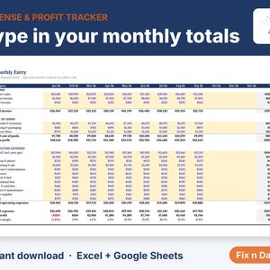 Puede incluir: Una plantilla de hoja de c&aacute;lculo digital de seguimiento de gastos y beneficios titulada Expense & Profit Tracker con el texto Type in your monthly totals. La tabla presenta columnas para los meses y filas para ingresos y gastos operativos.