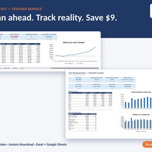 May include: A digital business finance bundle featuring two spreadsheet templates for Excel and Google Sheets. The interface displays cash flow trackers, monthly data tables, line graphs, and bar charts with text including Forecast + Tracker Bundle, Plan ahead. Track reality. Save $9., and Fix n Dash.