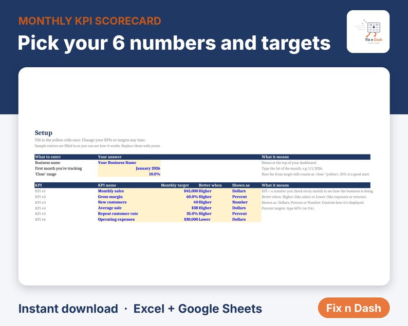 KPI Dashboard Template, Small Business KPI Scorecard, Monthly Business Goals Tracker, Excel & Google Sheets image 2