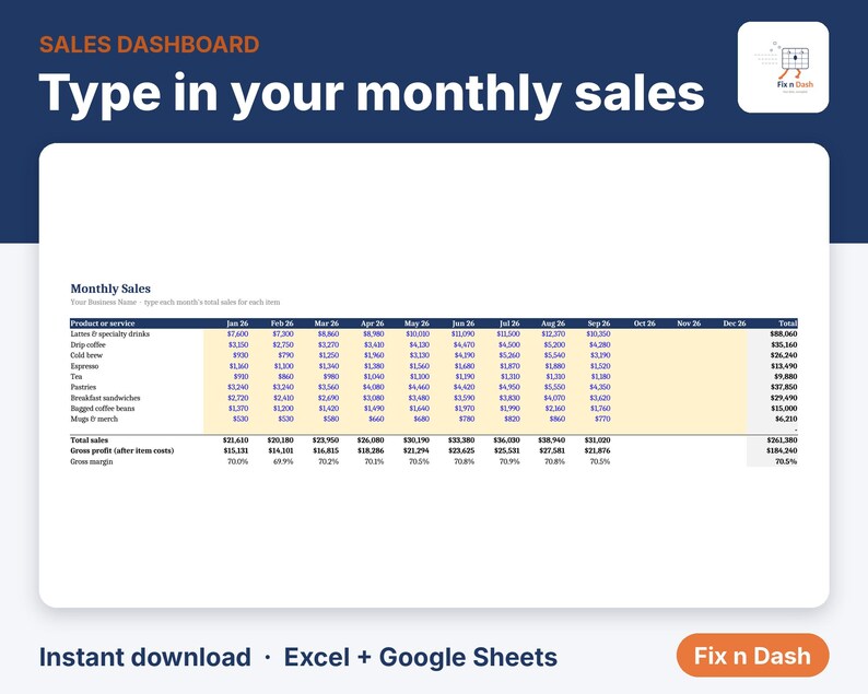 Sales Dashboard Template, Small Business Sales Tracker Spreadsheet, Product Sales Report, Excel & Google Sheets image 3