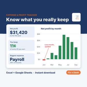 Profit and Loss Template, Small Business Expense Tracker, Income and Expense Spreadsheet, Excel & Google Sheets Dashboard