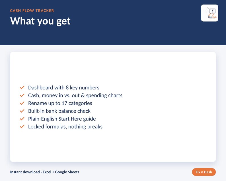 May include: A digital cash flow tracker document with a dark blue header labeled Cash Flow Tracker and What you get. The white content area lists features with orange checkmarks: dashboard with 8 key numbers, cash, money in vs. out, spending charts, 17 categories, bank balance check, Start Here guide, and locked formulas.