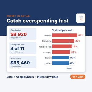 Budget vs Actual Spreadsheet, Small Business Budget Tracker, Monthly Budget Template, Excel & Google Sheets Dashboard