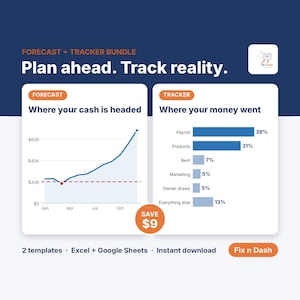 Cash Flow Bundle, Forecast + Tracker Templates, Small Business Excel and Google Sheets Dashboard, Business Budget Planner & Expense Log image 1
